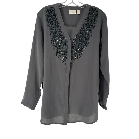 Chicos Top Gray V Neck Button Up Iridescent Sequin Embellished Size 0 US Small - Picture 1 of 9
